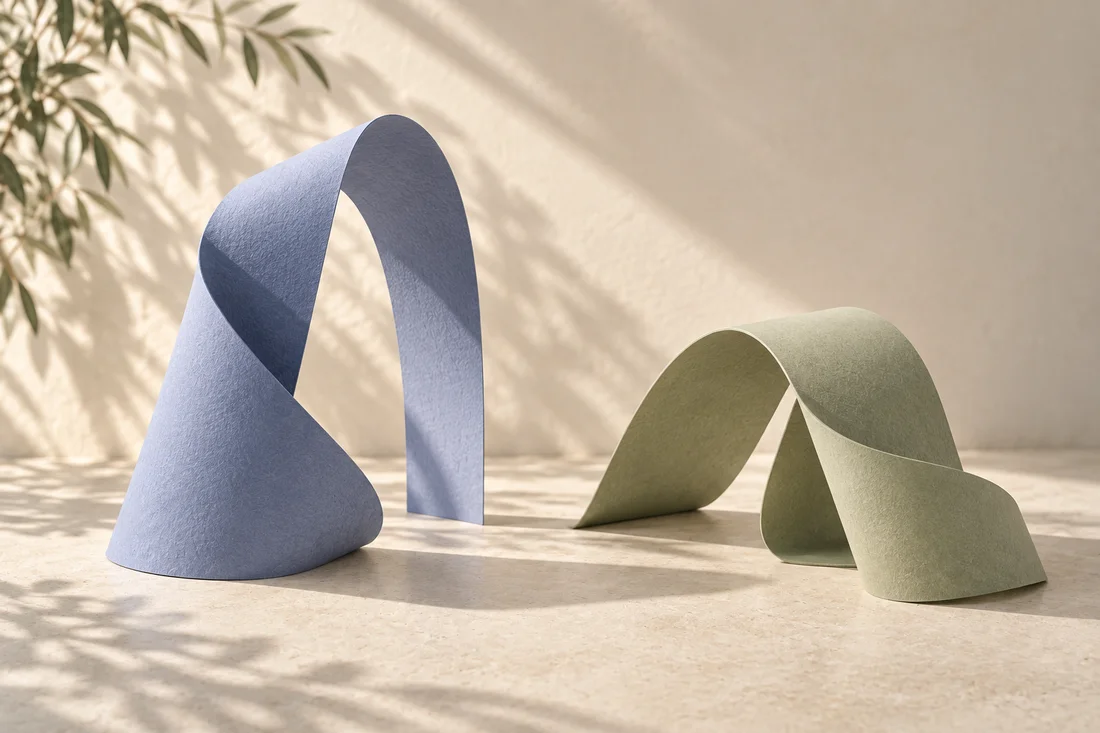 Generated conceptual illustration of periwinkle and sage folded paper sculptures