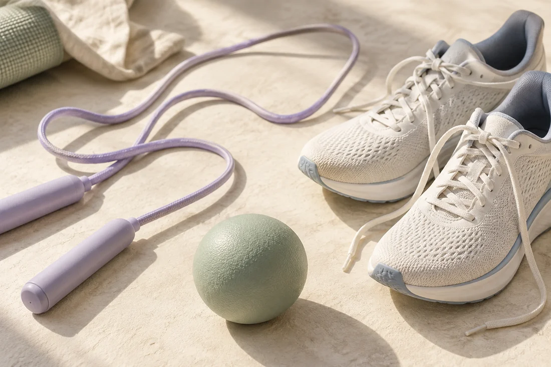Generated editorial still life of a lavender jump rope and off-white training shoes
