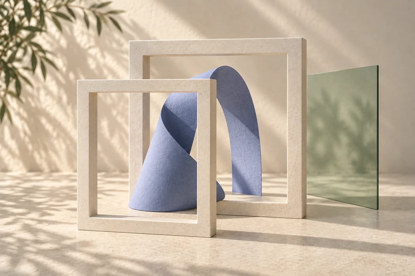 A continuous blue paper sculpture viewed through two offset ivory frames