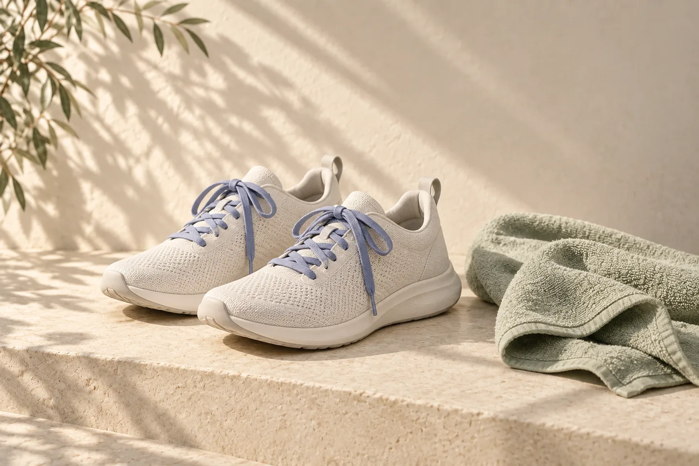 Off-white walking shoes with blue laces beside a sage towel on an ivory step