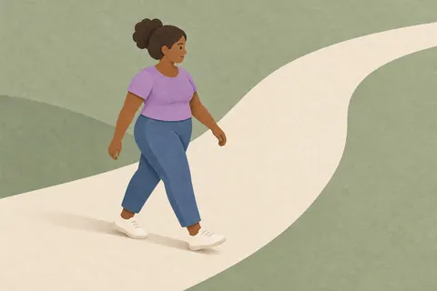 Paper illustration of a woman walking along a curved path