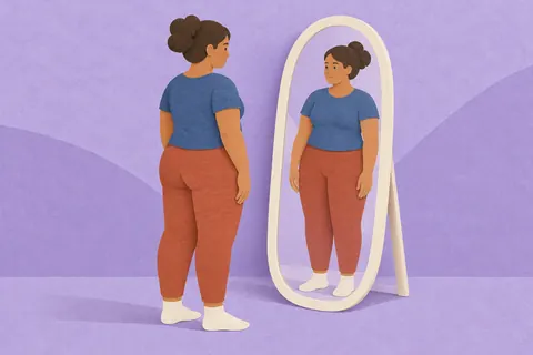 Paper illustration of a woman standing before a mirror with an unchanged reflection