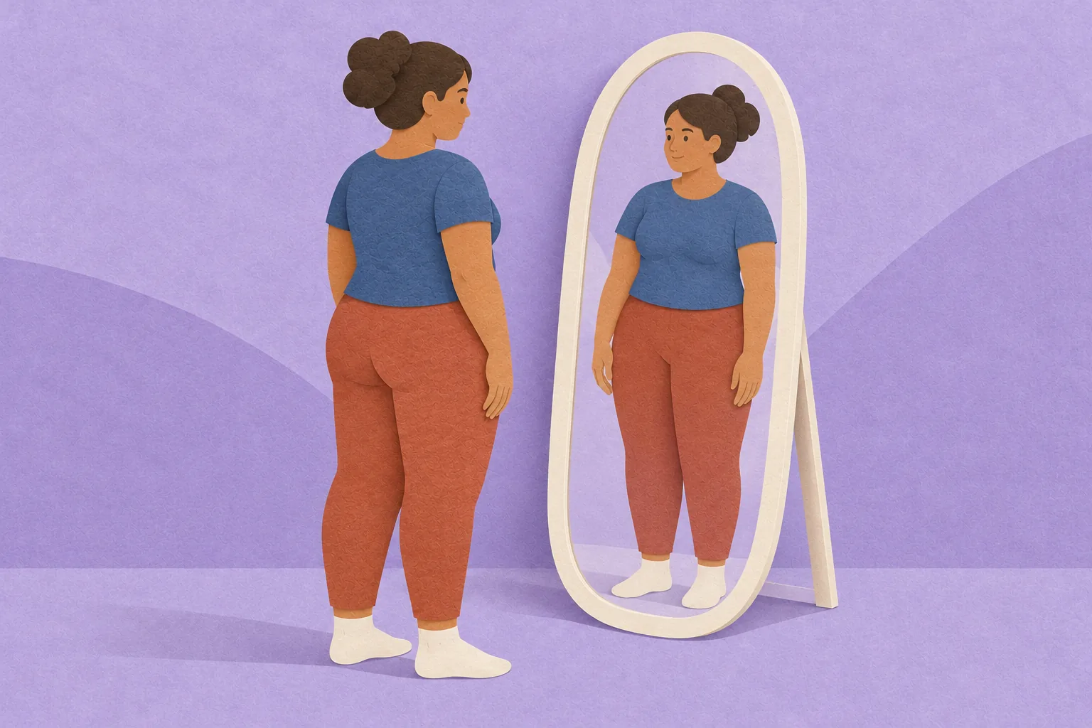 Paper illustration of a woman standing before a mirror with an unchanged reflection