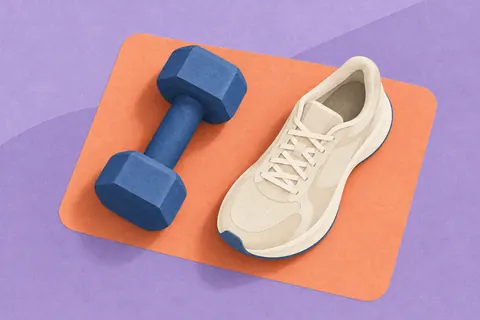Paper collage of a blue dumbbell and cream running shoe