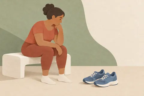Paper illustration of a seated woman looking thoughtfully at her running shoes