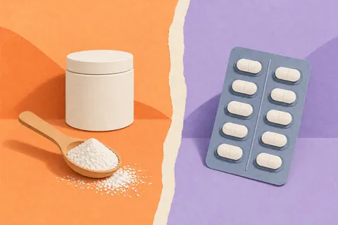 Paper collage comparing a powder jar and spoon with a tablet blister pack
