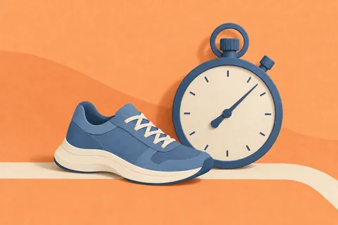 Paper collage of a stopwatch and a blue running shoe