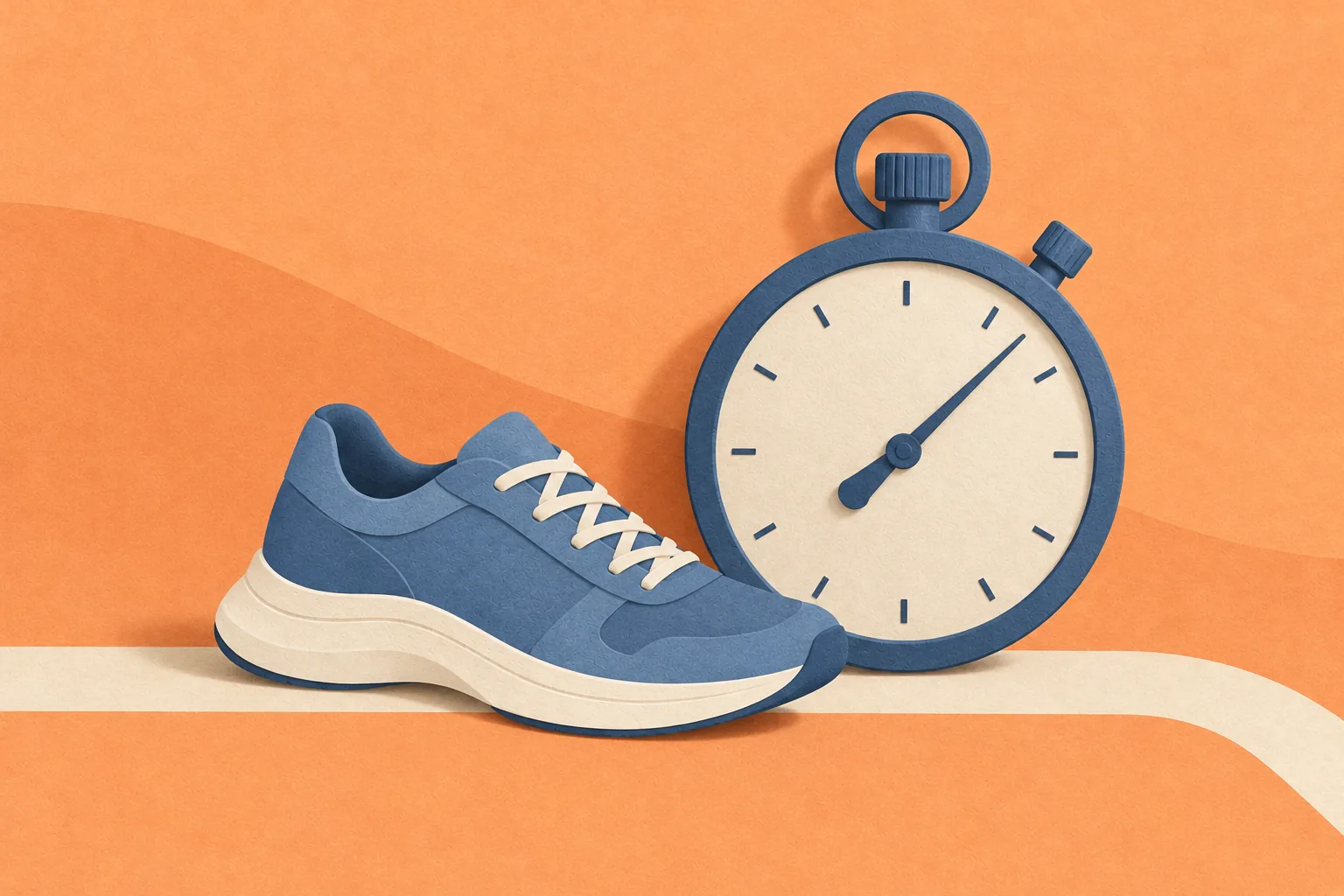Paper collage of a stopwatch and a blue running shoe