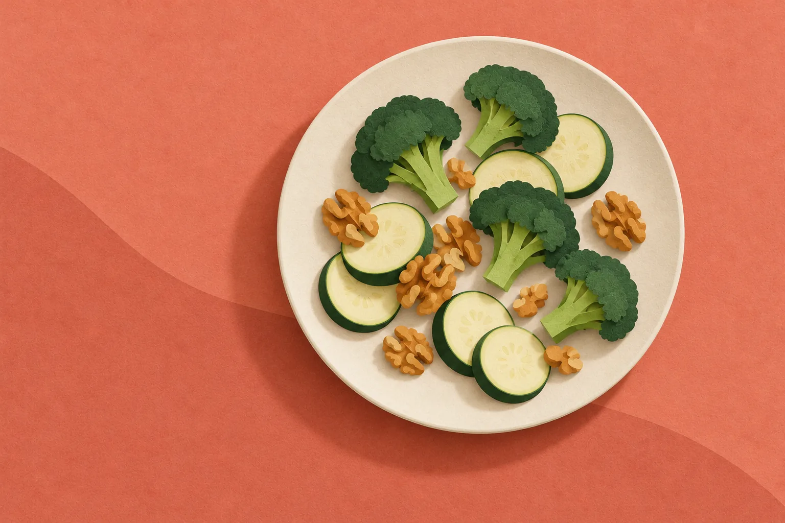 Paper collage of broccoli, courgette and walnuts on a cream plate