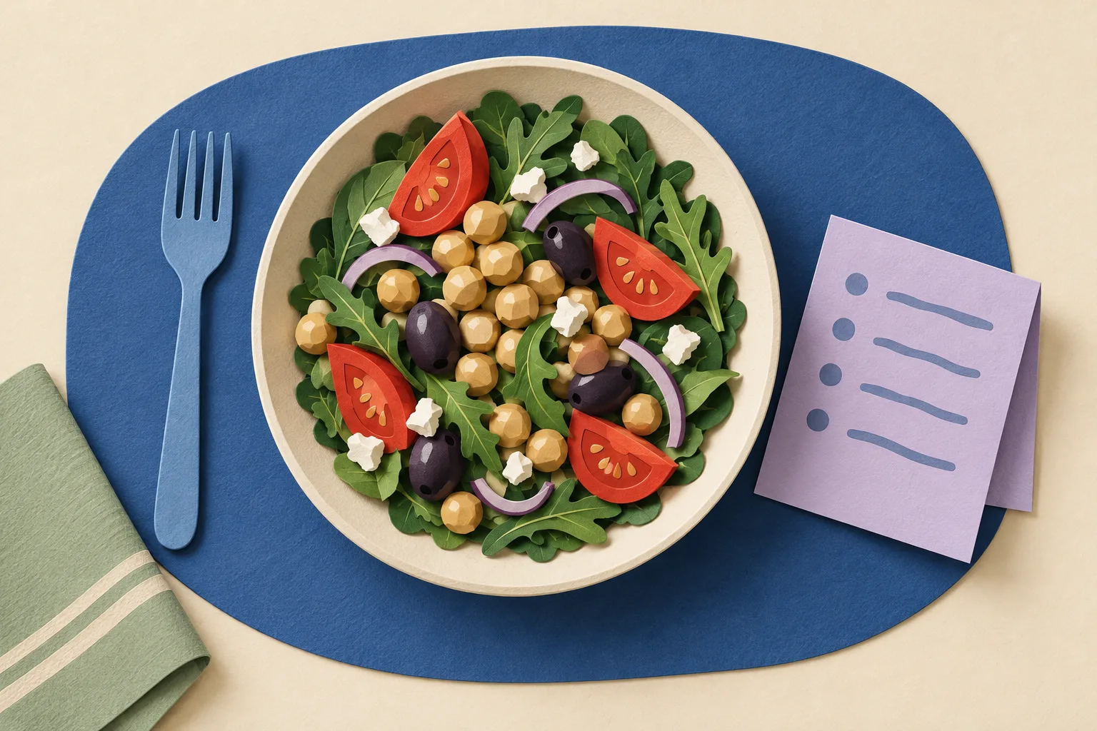 Paper collage of a Mediterranean bowl with chickpeas, tomatoes, greens and olives beside a blue fork and a lavender meal-plan card