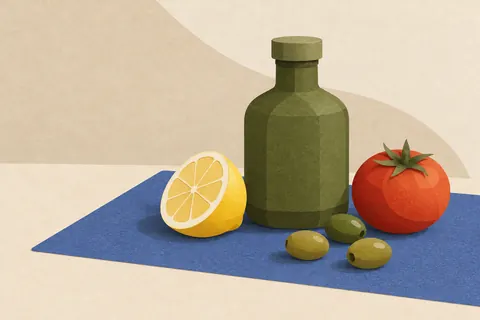 Paper collage of olive oil, lemon, tomato and olives