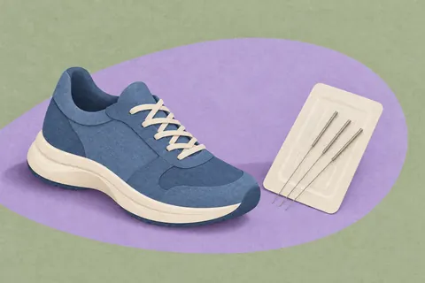 Paper collage of a walking shoe beside an acupuncture needle packet