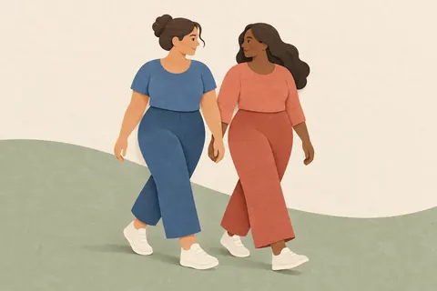 Paper illustration of two women walking comfortably side by side