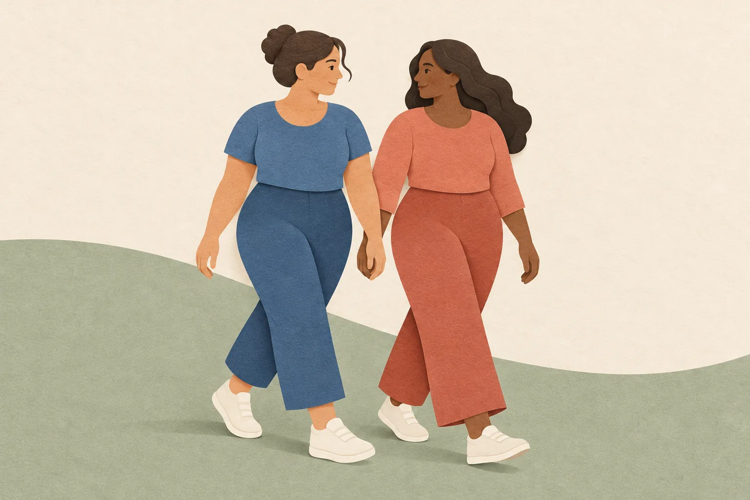 Paper illustration of two women walking comfortably side by side