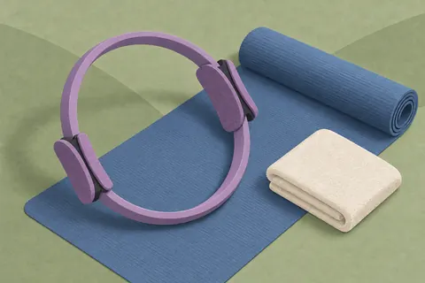 Paper collage of a Pilates ring, blue exercise mat and folded towel