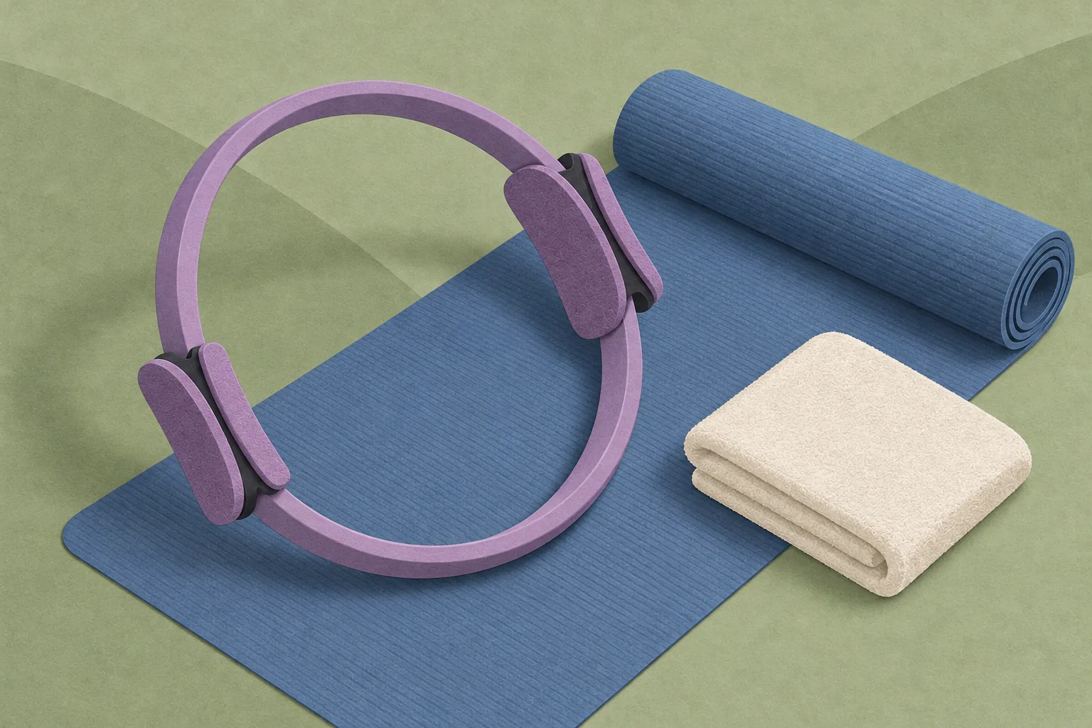 Paper collage of a Pilates ring, blue exercise mat and folded towel