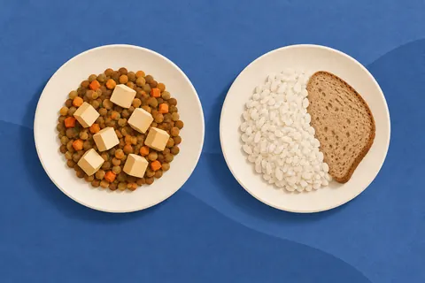 Paper collage of two plates with lentils, tofu, rice and bread