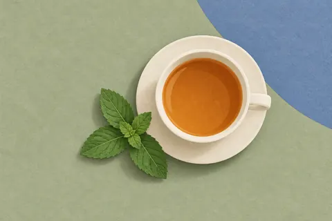 Paper collage of a cup of tea and a spearmint sprig