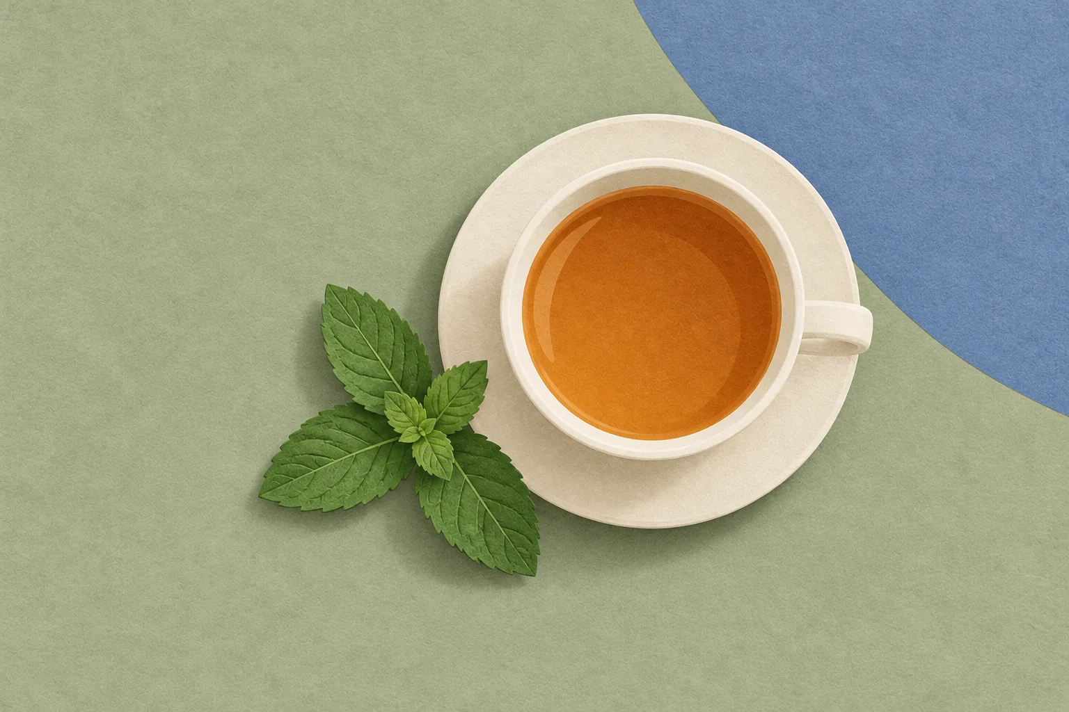 Paper collage of a cup of tea and a spearmint sprig