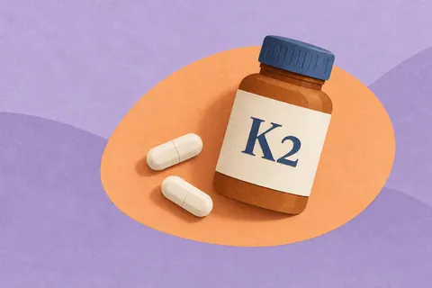 Paper collage of a K2 bottle and two capsules on lavender and apricot