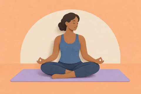 Paper illustration of a woman seated in a relaxed yoga pose on a lavender mat
