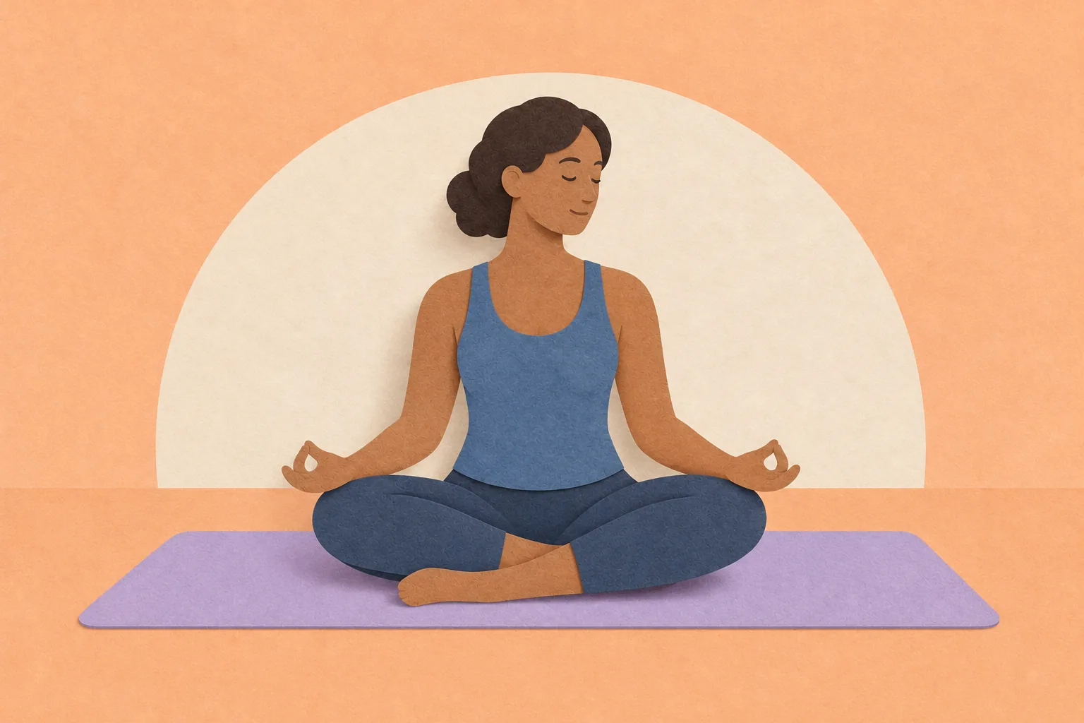 Paper illustration of a woman seated in a relaxed yoga pose on a lavender mat