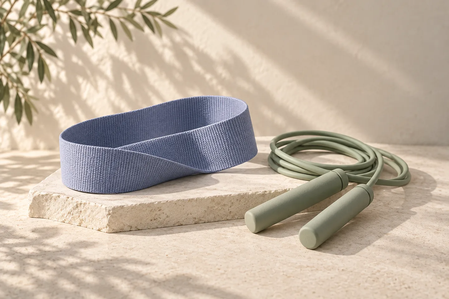 A blue resistance band and loosely coiled sage jump rope on an ivory platform