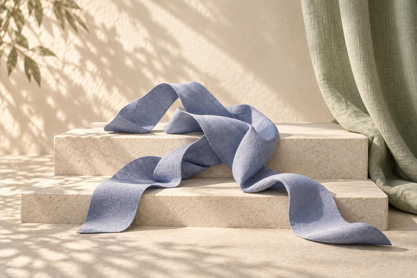 A loose blue ribbon resting across ivory steps beside a sage linen curtain