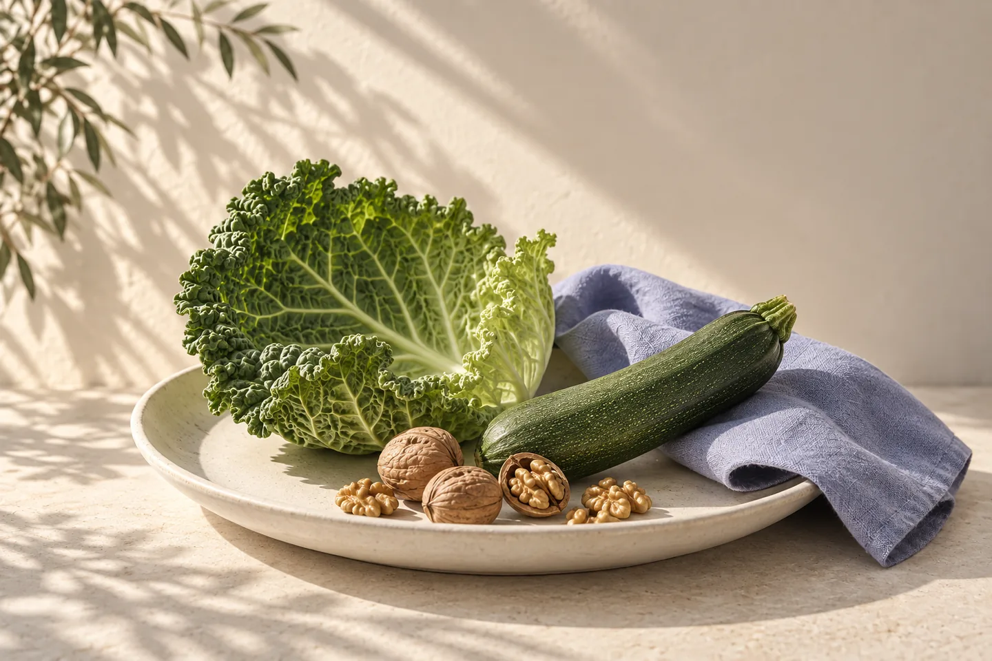 A cabbage leaf, courgette and walnuts on an ivory plate with blue linen