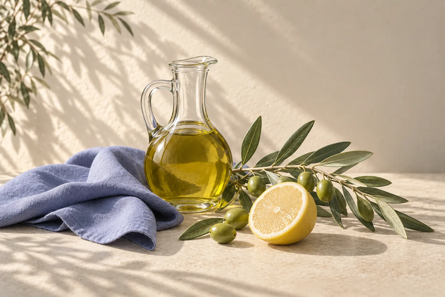 Olive oil, an olive branch and a cut lemon on stone beside blue cotton