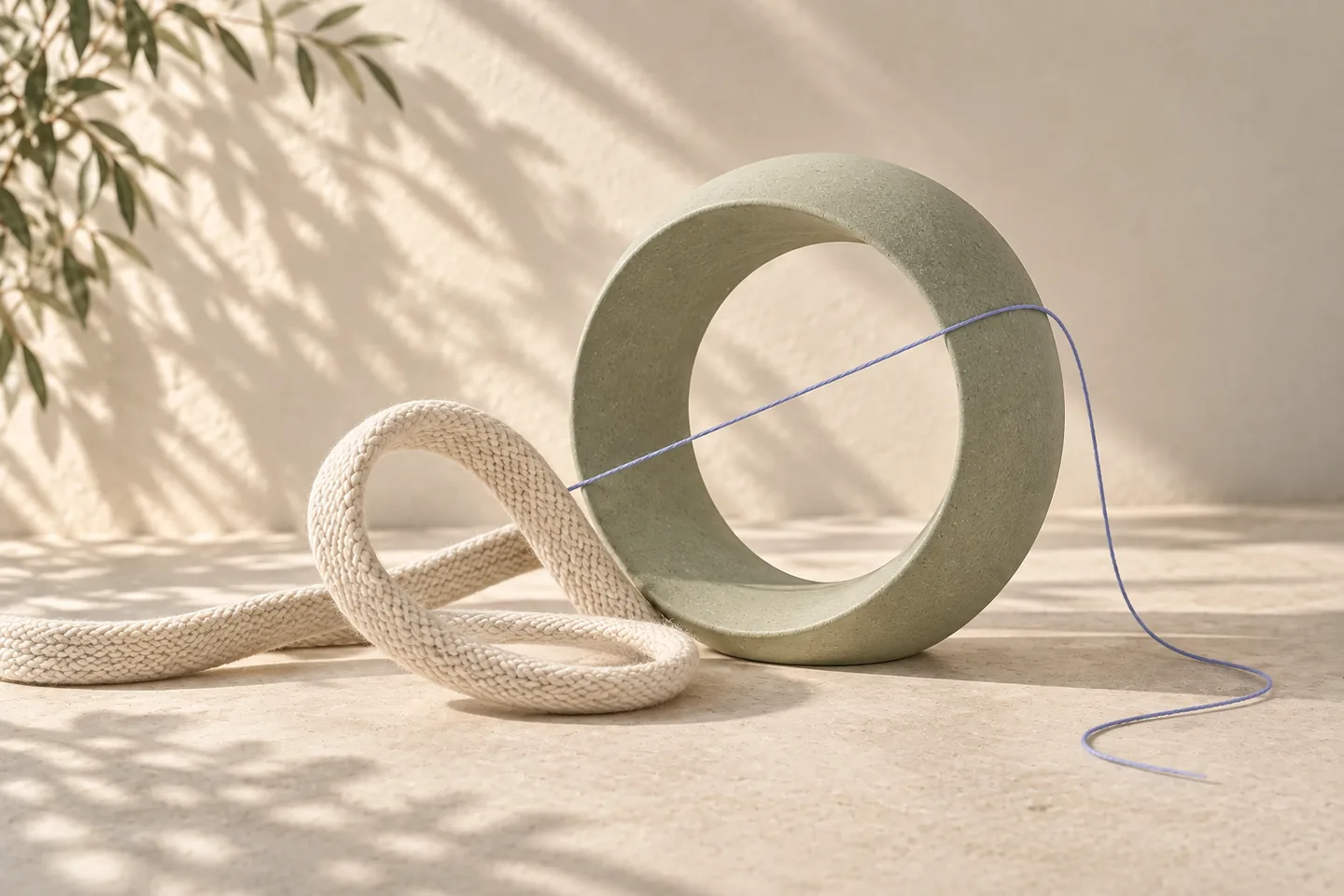 Fine blue thread crossing a sage ceramic ring beside a loop of ivory cord