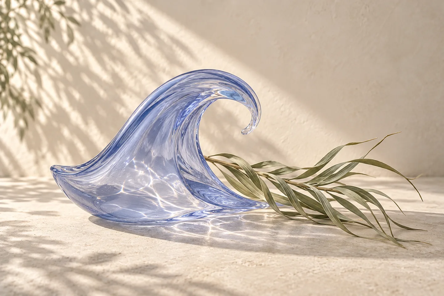 A translucent blue glass wave beside a pale sage frond on ivory stone