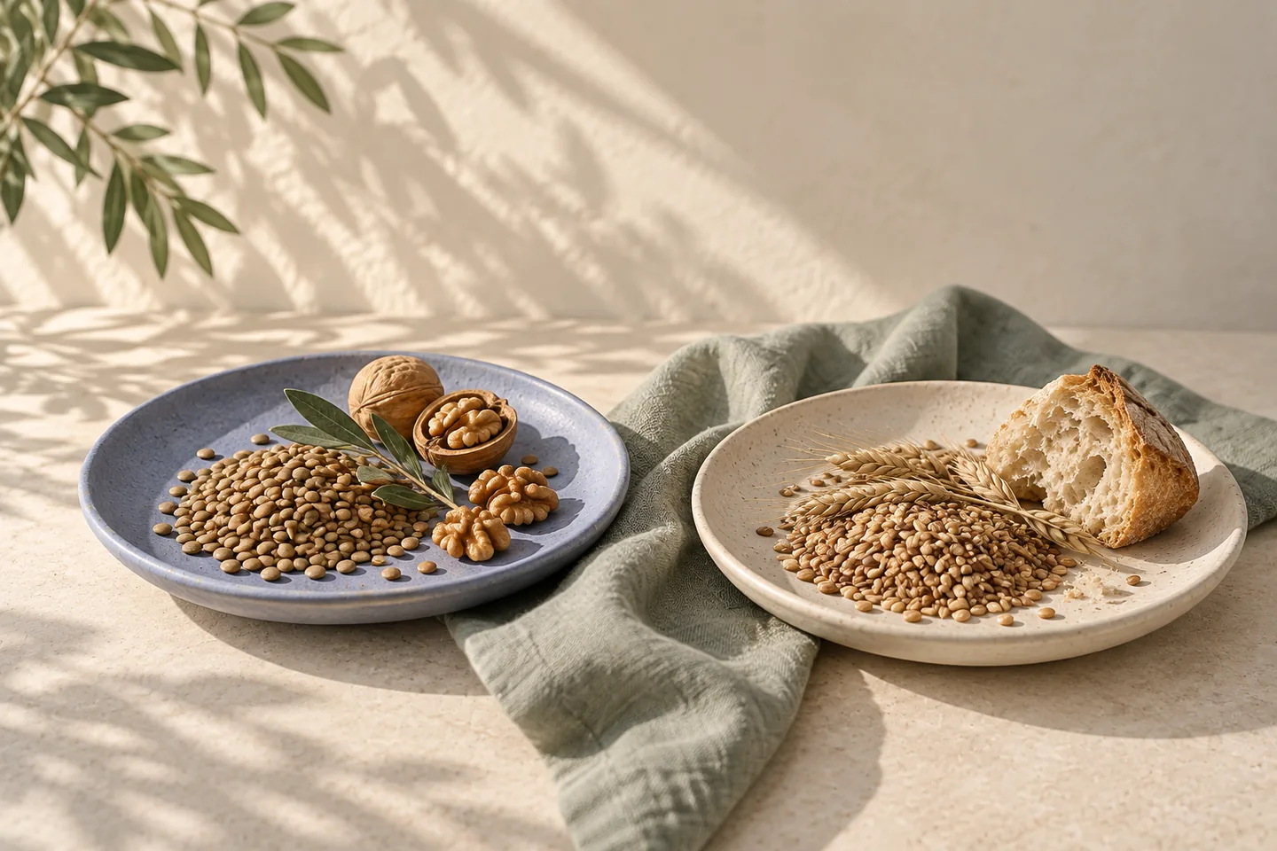 Two handmade plates with lentils, walnuts, grains and bread on sage linen