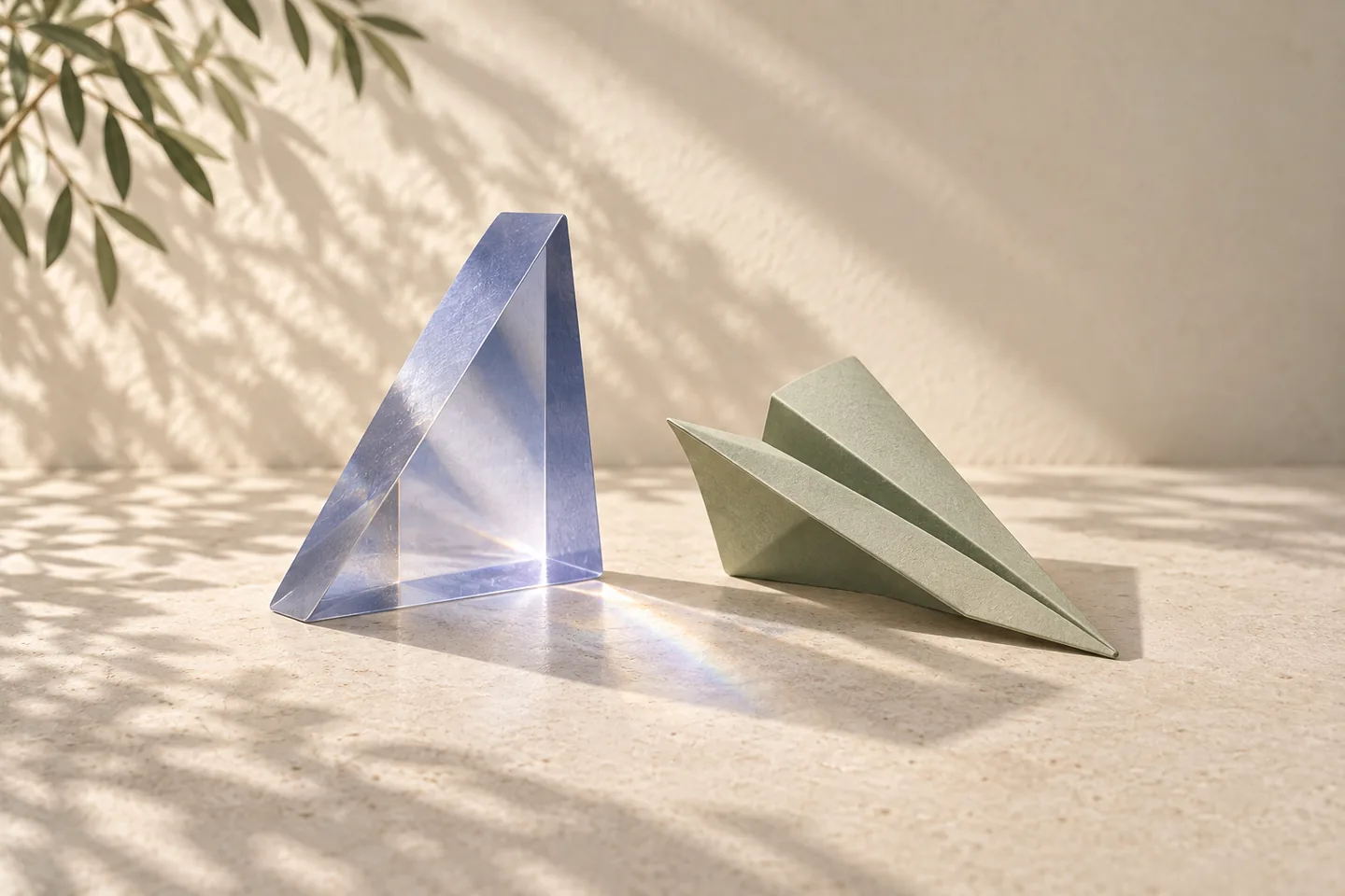 Periwinkle glass prism and folded sage paper casting soft light on ivory stone