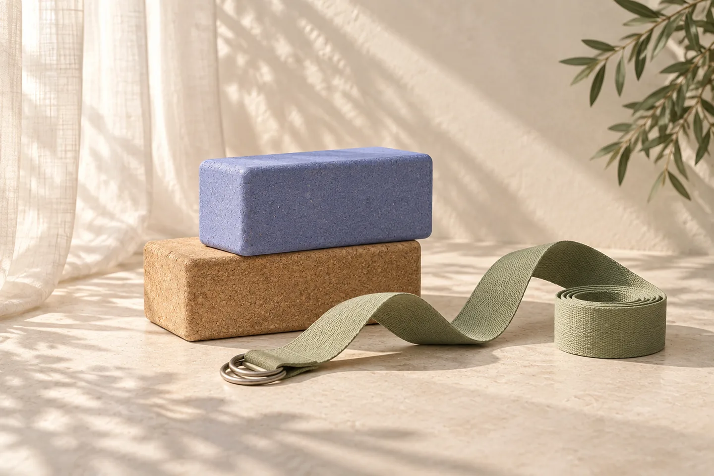 Natural cork and blue yoga blocks beside a sage cotton strap in soft daylight