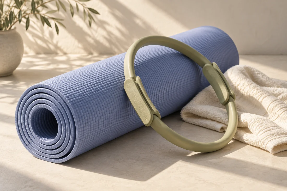 Generated editorial still life of a blue Pilates mat, sage ring and cotton towel